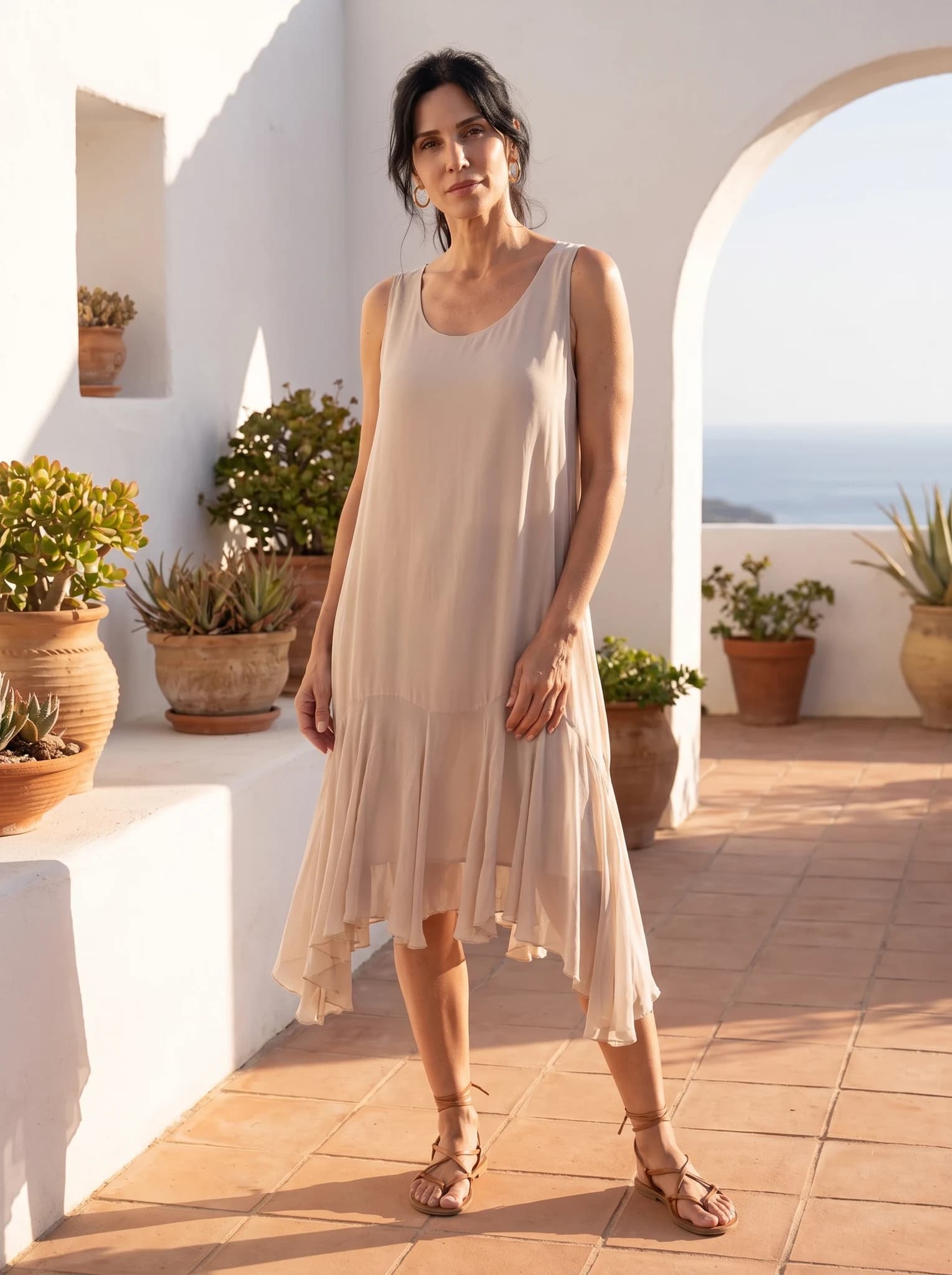 Vestido Corto De Gasa Con Volados presentado en modelo (visualización digital)